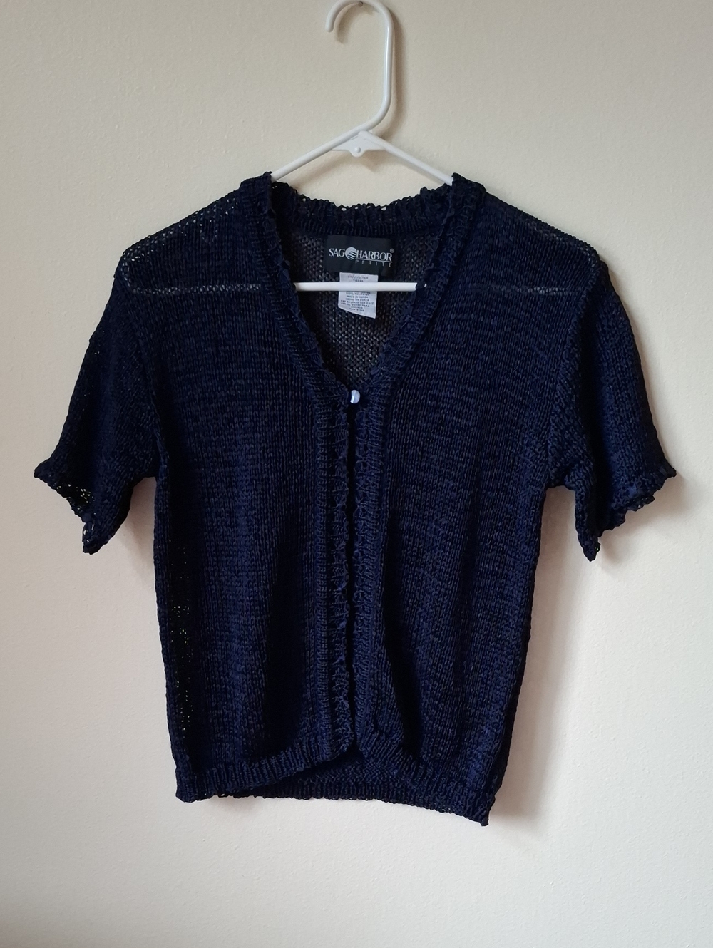 Sag Harbor Navy Blue Short-Sleeve Open Knit Cardigan Petite Medium Like New